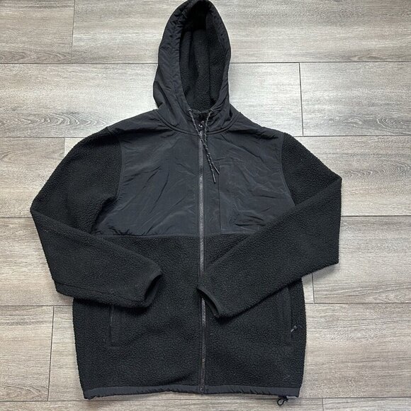 American Eagle Fleece Hoodie Sweatshirt Mens Small Pullover Sherpa Black Shacket - Picture 1 of 5